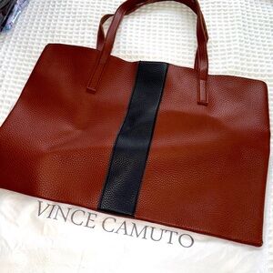 VINCE CAMUTO Tumbled Brown Vegan Leather With Black Stripe Tote Bag